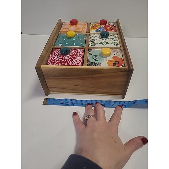 Pioneer Woman Ceramic Floral 6-Drawer Spice Tea Box Holder -Natural Wood - Picture 12 of 12